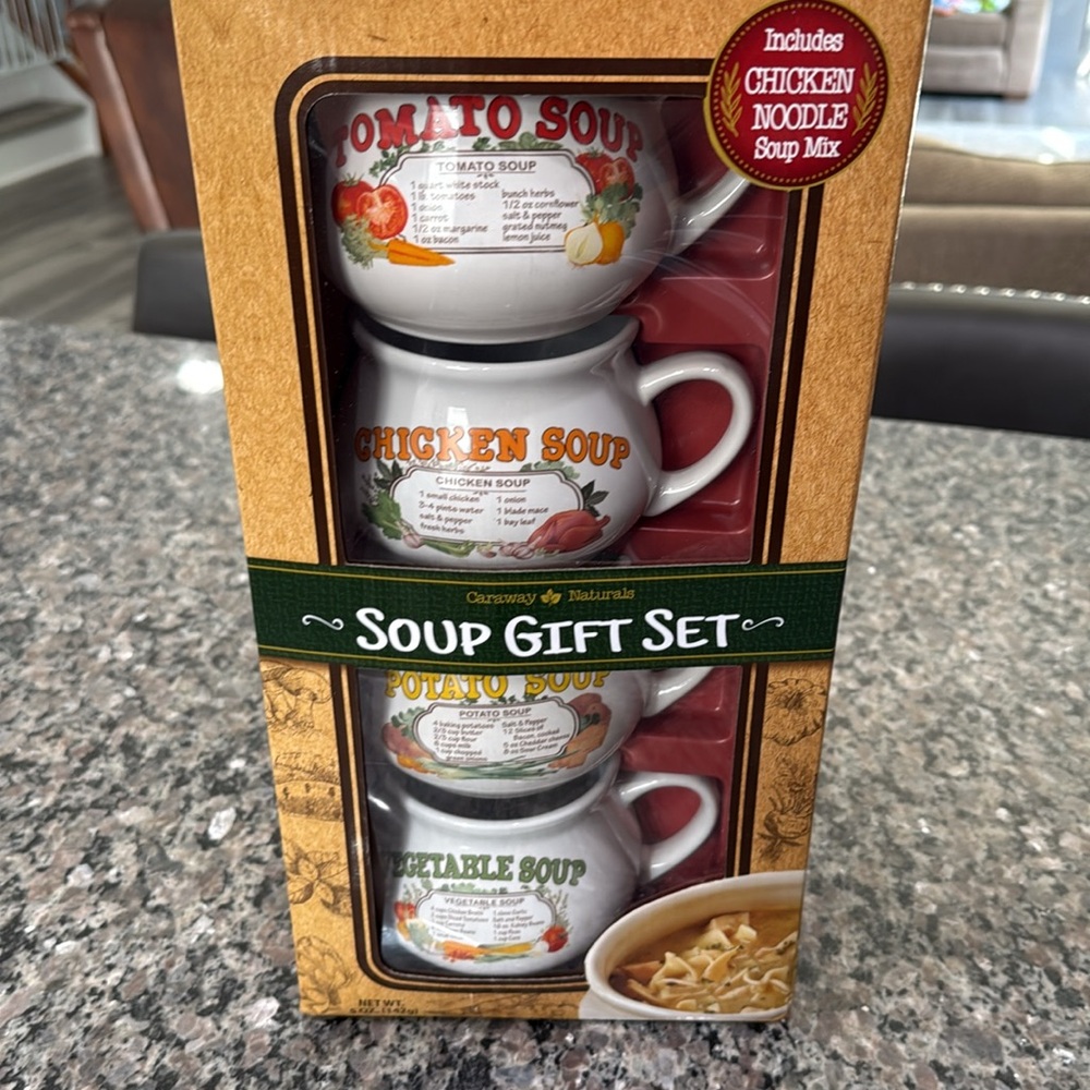 New Stoneware Set Of 4 Soup Mugs Recipes Of Chicken Tomato Vegetable Potato